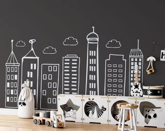 Calcomanías de pared con siluetas de ciudades garabateadas: decoración para habitaciones infantiles, pegatinas de edificios dibujados a mano