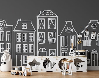 Vinilo decorativo de casas con garabatos pintados a mano: decoración moderna para habitación infantil, arte escandinavo LW251