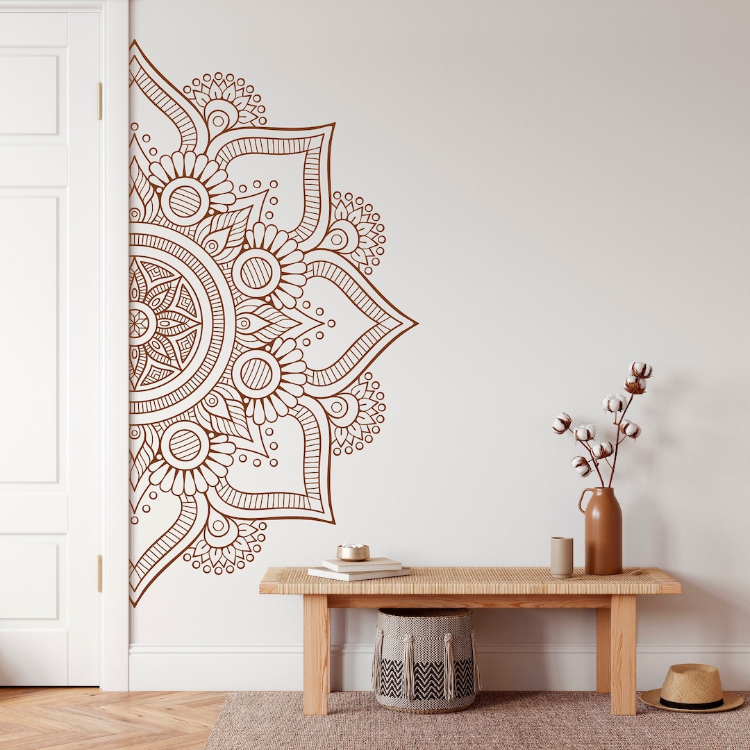 Mandala Wall Art Sticker, Half Mandala Wall Decal, Bohemian Wall Decor for Bedroom, Indian