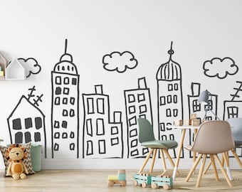 Calcomanía de pared de casas dibujadas a mano: vinilos para habitación infantil LW98