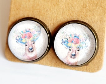 Earring deer flowers, round cabochon forest animal, jewelry animal with flower crown, antler
