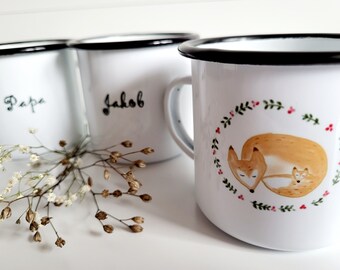 Tasse Familie Set Fuchs, mit Namen personalisiert, Kindertasse Tiere, schwarz weiß schlicht Emaillebecher, Waldtier