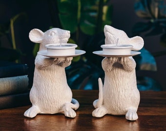 Vintage Style Mouse Tealight Candle Holder Pairs - Available in white, silver, gold or black and gold
