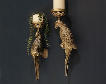 Antique Brass / Raw Nickel Metal Parrot Candle Holder Wall Sconce Duo