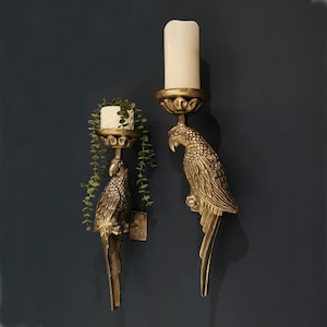 Antique Brass / Raw Nickel Metal Parrot Candle Holder Wall Sconce Duo