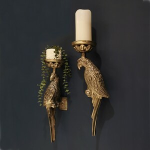 Antique Brass Raw Nickel Metal Parrot Candle Holder Wall Sconce Duo