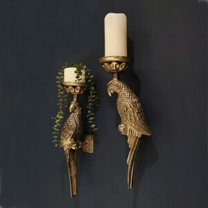 Antique Brass / Raw Nickel Metal Parrot Candle Holder Wall Sconce Duo