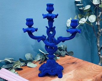 Velvet Flock Three Candle Candelabras - Available in green, grey-blue, cobalt blue, pink, yellow and orange