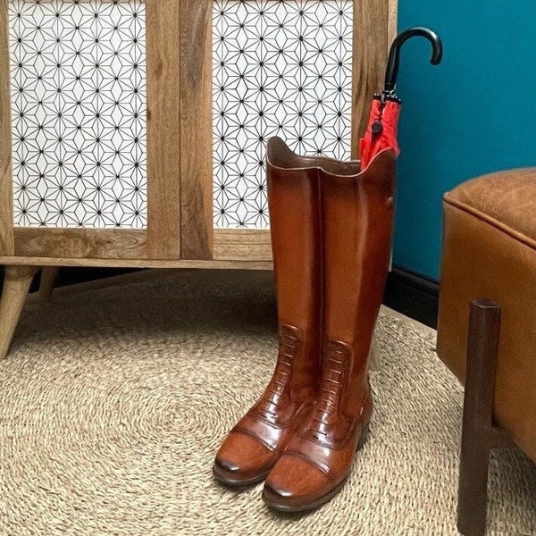 Tan Brown Leather Riding Boots Style Umbrella Stand