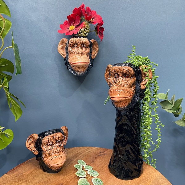 Chimpanzee Head Ceramic Wall Sconce / Freestanding Vase or Storage Jar Planter