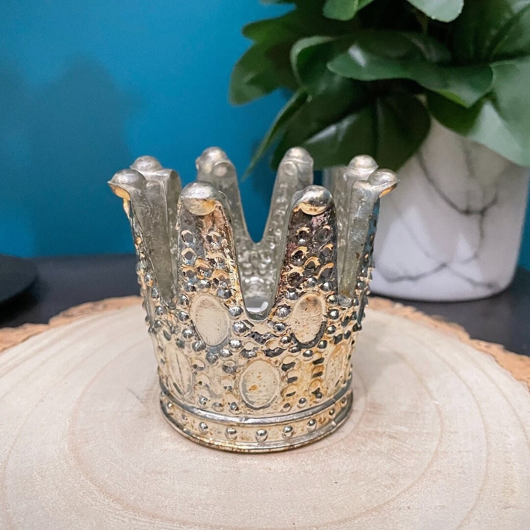 Small Mercury Glass Crown Shaped Tealight Candle Holder Two Styles