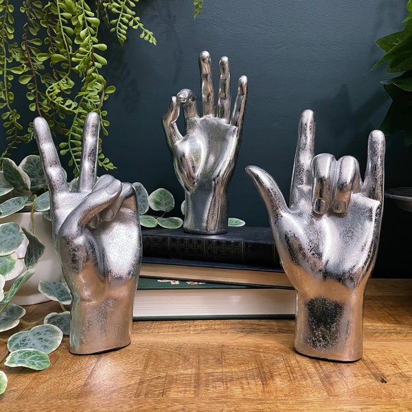 Large Antique Silver Hand Ornaments - Rock On, Peace, OK and a Middle Finger (Flipping the Bird) Hand Symbols Available