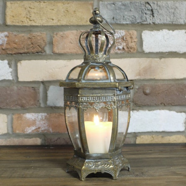 Antique Gold Vintage Style Glass & Metal Hexagonal Candle Lantern