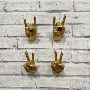 Small Antique Gold Wall Mounted Hand Ornaments - Peace or Rock On Styles Available