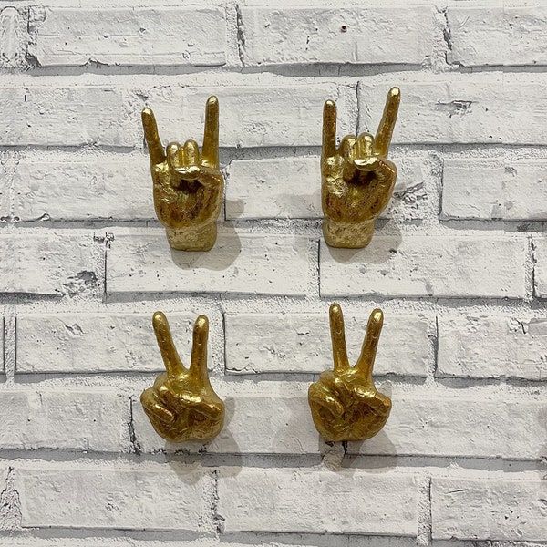 Small Antique Gold Wall Mounted Hand Ornaments - Peace or Rock On Styles Available