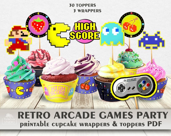 Retro Arcade Games Party Cupcake Toppers Wrappers Video Games Etsy