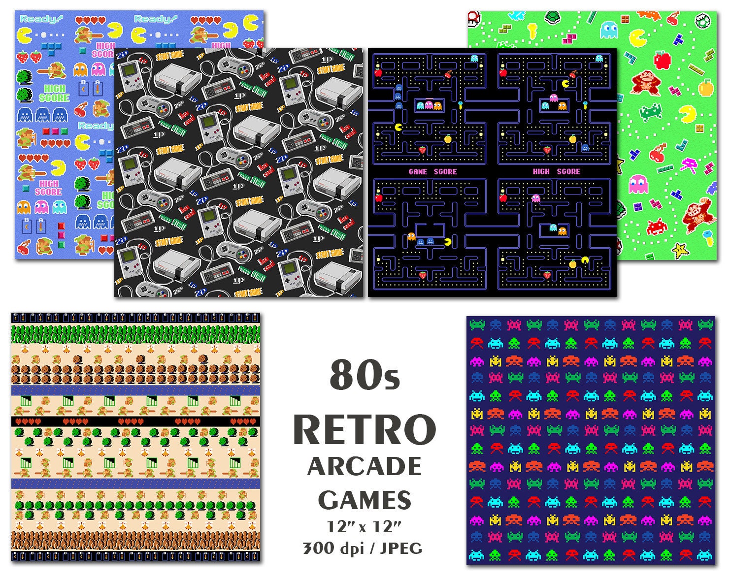 80s retro Arcade Games digital paper pacman scrapbook gamer Etsy