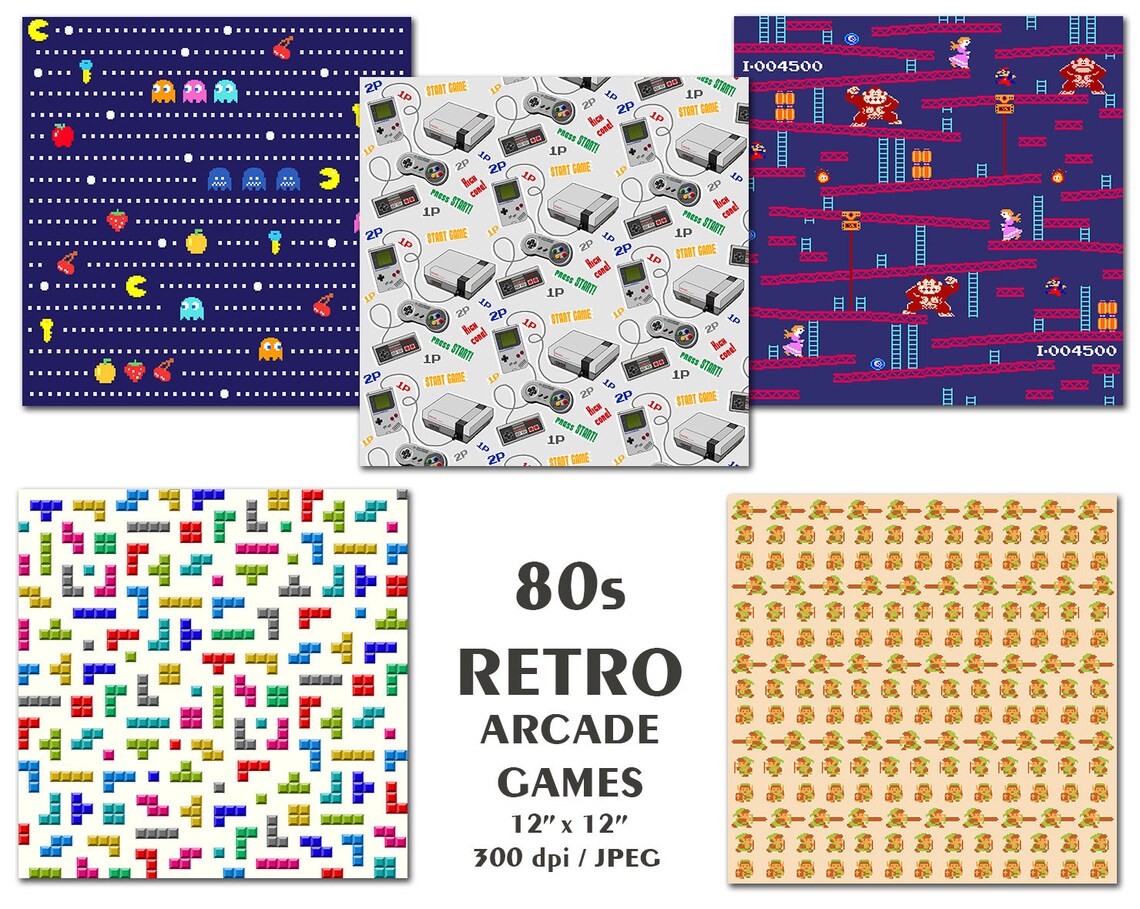 80s retro Arcade Games digital paper pacman scrapbook gamer Etsy