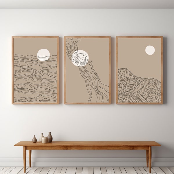 Impressões de arte da parede de Japandi Sun 3 peças Arte de parede: Japandi Decor One Line Art Digital Download Posters de arte de parede