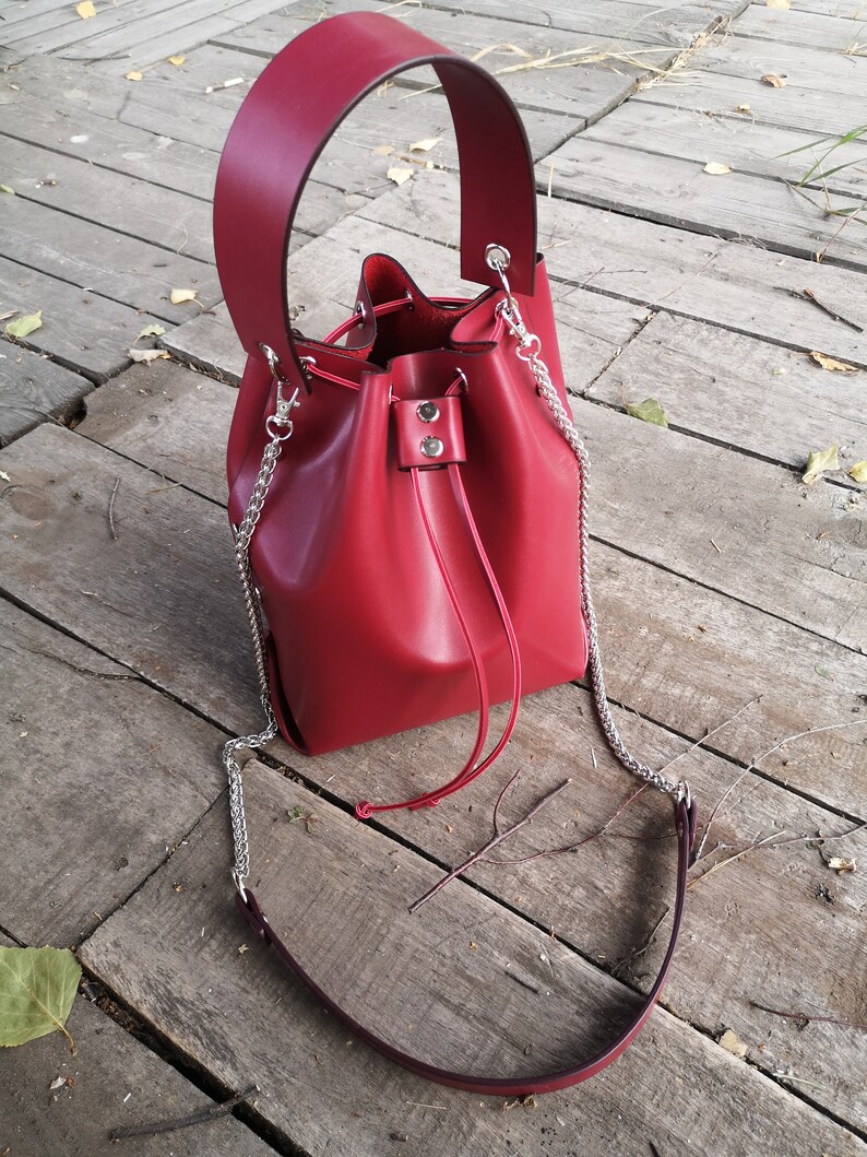 Vegan Leather Bucket Bag-Red Vegan Tote Bag-Personalized image 0