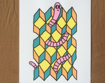 Screen print 'Ollie Worm', 4 colours, 2 versions, silk screen, worm, green, turquoise, pink, yellow, size A4,