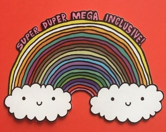 super duper mega inclusieve sticker, vier gelijkheid, inclusiviteit, tolerantie, LGBT, LGBTQIA +, queer, hetero, iedereen, wolken, regenboog