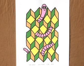 Screen print 'Ollie Worm', 4 colours, 2 versions, silk screen, worm, green, turquoise, pink, yellow, size A4,