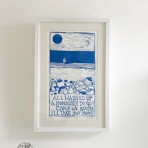 Come on Buoys Linocut. Original print and poem by Cath Deeson