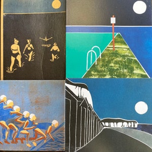 Lot de 4 cartes côtières. Tiré de linogravures originales de Cath Deeson Swim Thanet Kent Margate Walpole Bay Broadstairs Wild Swimming Women