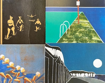 May include: A collage of four images depicting a beach scene. The top left image shows three figures in the water, the top right image shows a beach with a lifeguard stand and two sets of parallel bars, the bottom left image shows a group of swimmers in the water, and the bottom right image shows a pier with a moon in the sky.