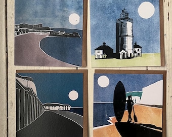 4 pack of coastal cards. Taken from original linocuts by Cath Deeson Seaside Thanet Kent North foreland Broadstairs
