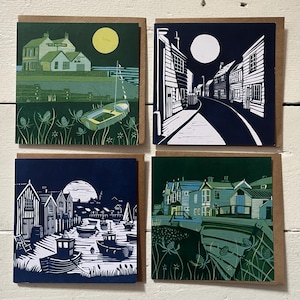 Jeu de 4 cartes côtières. Tiré des linogravures originales de Cath Deeson Bord de mer vieille côte de Neptune blanchâtre Kent