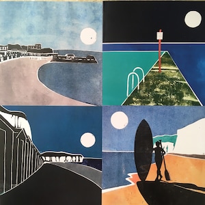 Jeu de 4 cartes côtières. Tiré des linogravures originales de Cath Deeson Seaside Thanet Kent Margate Walpole Bay Broadstairs