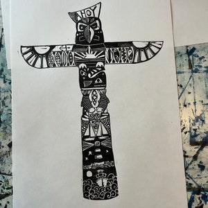 Sea Shanty totem pole hand printed linocut. A3 Original carved lino print. Handmade. Signed