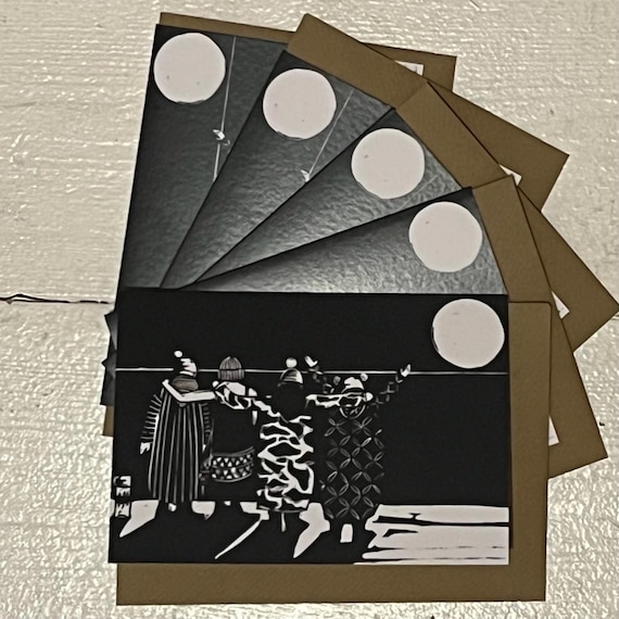 Pack of 5 After the Swim Wild women. recycled cards. Linocut of winter sea swimmers. For all brave women in Woolly bobble hats! Dry robe