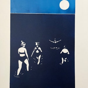 The original Wild Women linocut. Hand printed A3 Winter sea swimmers linoprint blue bobble hats Brave cold water dippers Wild Swimming art