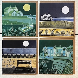 4er Pack Küstenkarten von White Stable. Genommen von originalen Linolschnitten von Cath Deeson Tankerton Slopes. Old Neptune Pub Kent Linoldruck Kunst