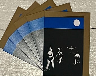 Pack of 5 Wild women cards. From my Original linocut of winter sea swimmers. For all brave women in Woolly bobble hats! Cath Deeson
