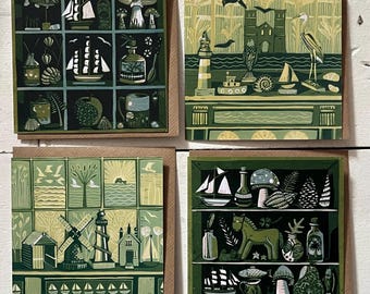 4 pack of coastal cards. Taken from original linocuts by Cath Deeson Seaside souvenirs curiosities reculver towers lighthouse Kent