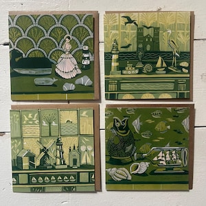 Pacote com 4 cartas costeiras. Tirado de linóleos originais de Cath Deeson Lembranças à beira-mar curiosidades torres de reculver farol Kent