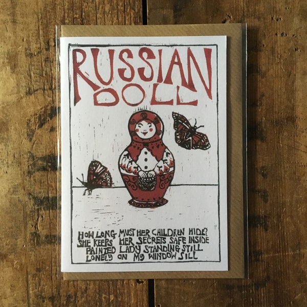 Russian Doll Greetings card from original Linocut and poem by Cath Deeson