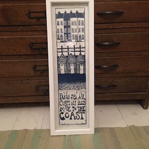 Fresh sea air cures all ills. Move to the coast.  Linocut . Healthy present. Get well soon Cath Deeson