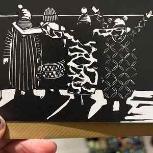 Pack of 5 After the Swim Wild women. recycled cards. Linocut of winter sea swimmers. For all brave women in Woolly bobble hats! Dry robe image 4