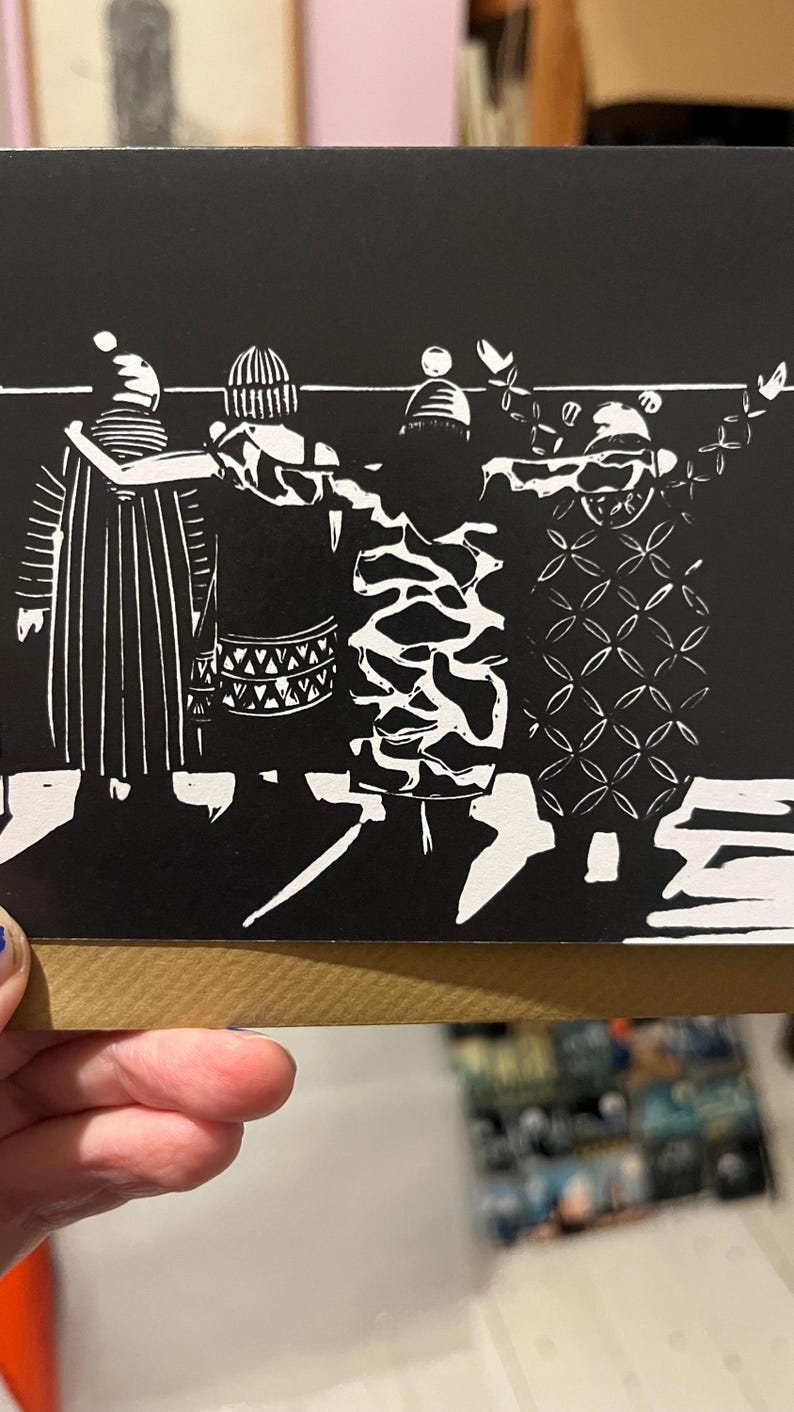 Pack of 5 After the Swim Wild women. recycled cards. Linocut of winter sea swimmers. For all brave women in Woolly bobble hats! Dry robe image 4