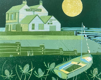 El pub Old Neptune, grabado en linóleo de la playa de Whitstable, edición limitada, impresión en linóleo verde, arte de Cath Deeson