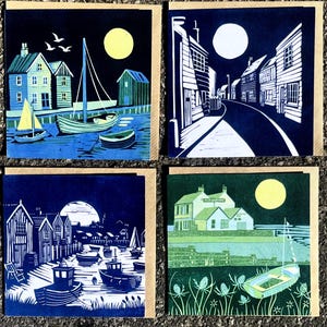 4 pack of coastal cards. Taken from original linocuts by Cath Deeson Seaside whitstable old Neptune coast Kent