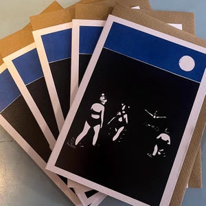Pack of 5 Wild women cards. From my Original linocut of winter sea swimmers. For all brave women in Woolly bobble hats! Cath Deeson