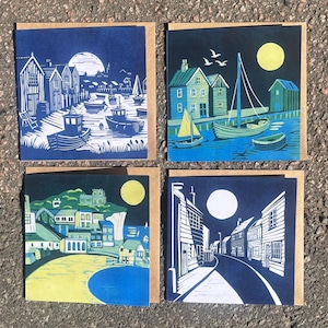 4 pack of coastal cards. Taken from original linocuts by Cath Deeson Seaside whitstable and Broadstairs coast Kent