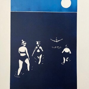 May include: A print featuring a dark blue scene with four figures in white swimwear, under a white moon. The figures appear to be in water. The text "mild women" is at the bottom.