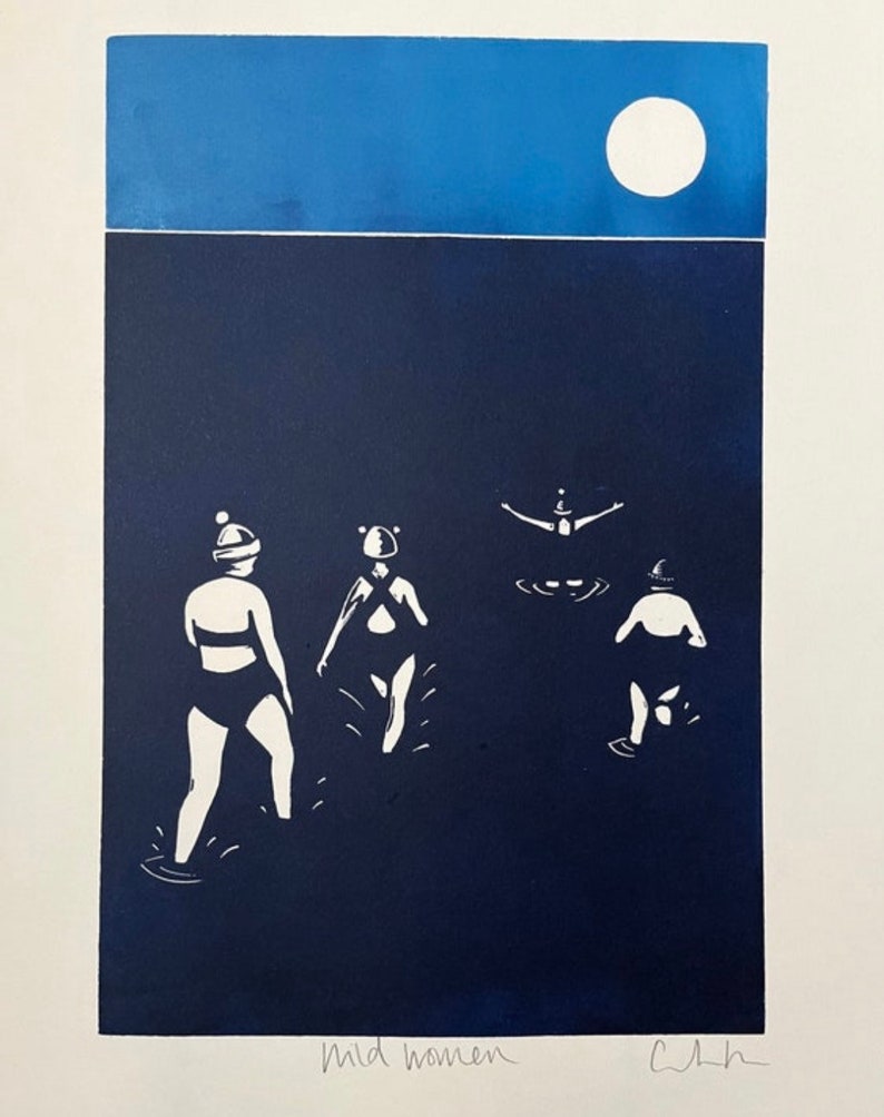 May include: A print featuring a dark blue scene with four figures in white swimwear, under a white moon. The figures appear to be in water. The text "mild women" is at the bottom.
